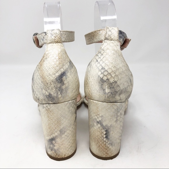 J. CREW OFF-WHITE SILVER METALLIC EMBOSSED SNAKESKIN BLOCK HEEL SANDALS - Picture 6 of 12